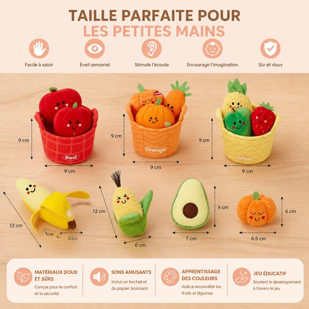 Jouet Éducatif Doux en Forme de Fruits et Légumes pour Bébés – Set de 4 Pièces pour Apprendre les Couleurs avec Hochet et Effet Bruissant