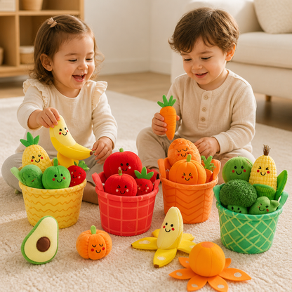 Jouet Éducatif Doux en Forme de Fruits et Légumes pour Bébés – Set de 4 Pièces pour Apprendre les Couleurs avec Hochet et Effet Bruissant