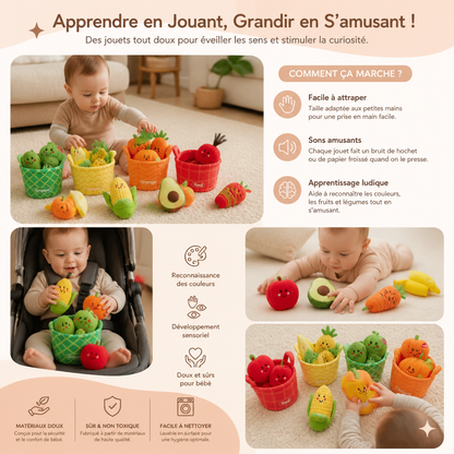 Jouet Éducatif Doux en Forme de Fruits et Légumes pour Bébés – Set de 4 Pièces pour Apprendre les Couleurs avec Hochet et Effet Bruissant