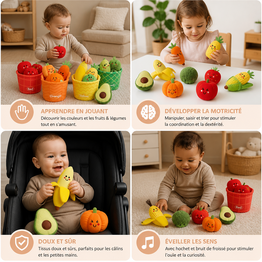 Jouet Éducatif Doux en Forme de Fruits et Légumes pour Bébés – Set de 4 Pièces pour Apprendre les Couleurs avec Hochet et Effet Bruissant