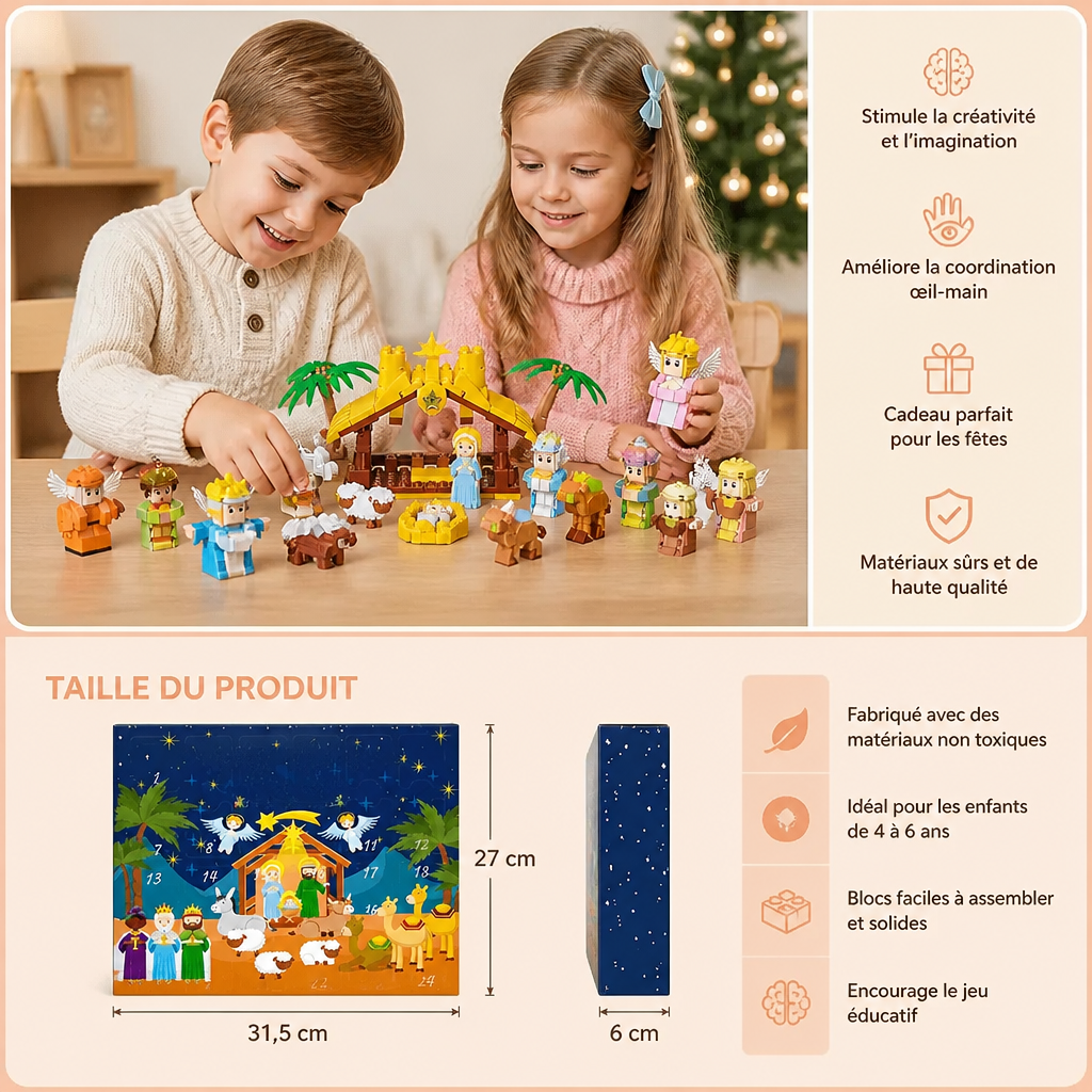 Calendrier de l’Avent avec blocs de construction de crèche de Noël pour enfants