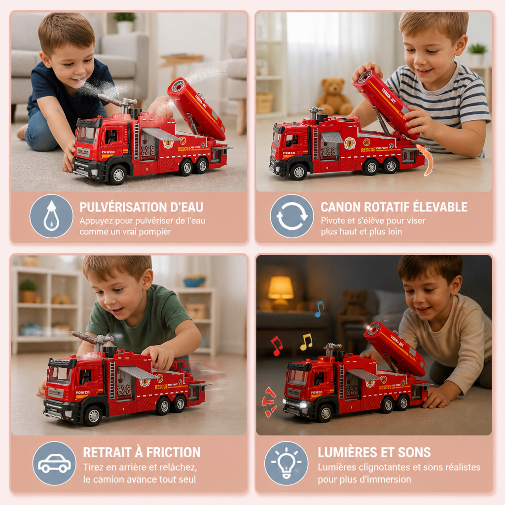 Camion de Pompiers Jouet à Retrait Avec Pulvérisation d’Eau, Lumières & Sons