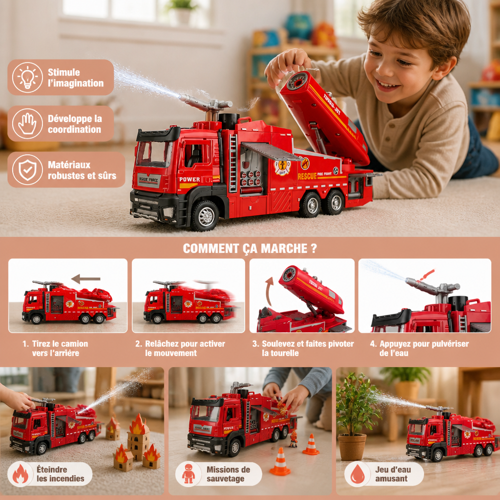 Camion de Pompiers Jouet à Retrait Avec Pulvérisation d’Eau, Lumières & Sons