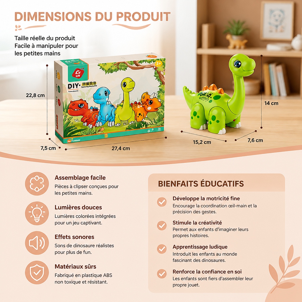 Jouet Éducatif STEM Dinosaure Facile à Assembler avec Lumières et Sons