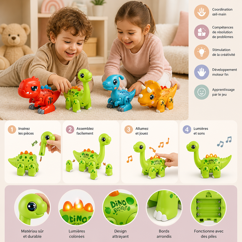 Jouet Éducatif STEM Dinosaure Facile à Assembler avec Lumières et Sons