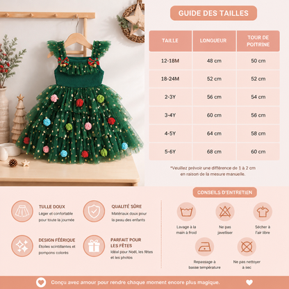 Robe Tutu de Noël pour Fille avec Pompons, Étoiles à Paillettes et Manches à Volants
