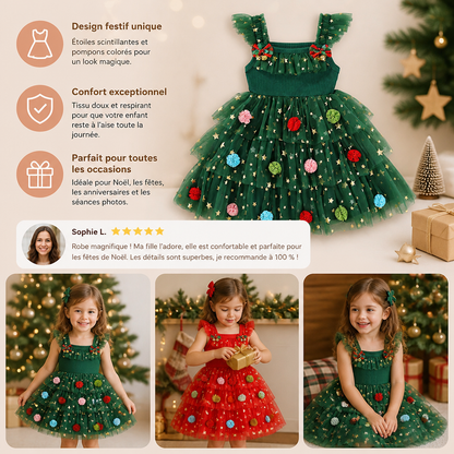 Robe Tutu de Noël pour Fille avec Pompons, Étoiles à Paillettes et Manches à Volants