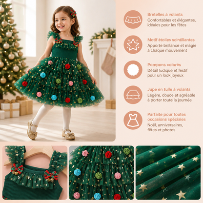 Robe Tutu de Noël pour Fille avec Pompons, Étoiles à Paillettes et Manches à Volants