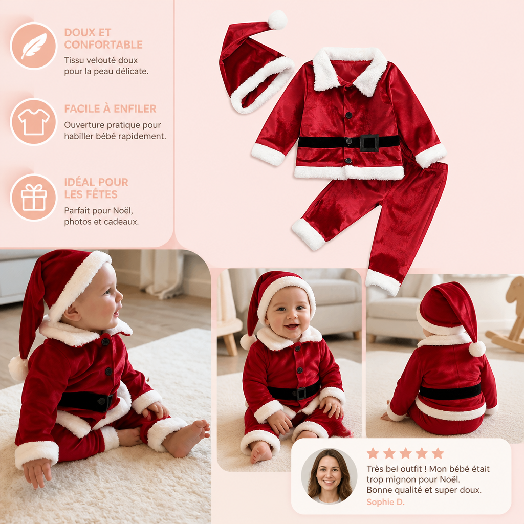 Ensemble de Costume de Père Noël pour Bébés et Tout-Petits