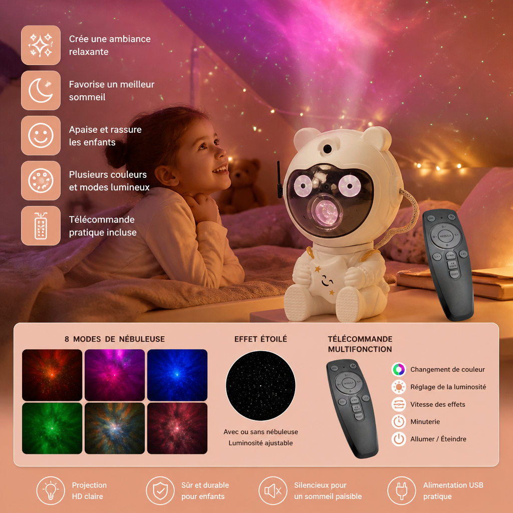 Projecteur Galaxie et Étoiles Astronaute avec Nébuleuse 8 Couleurs et Télécommande