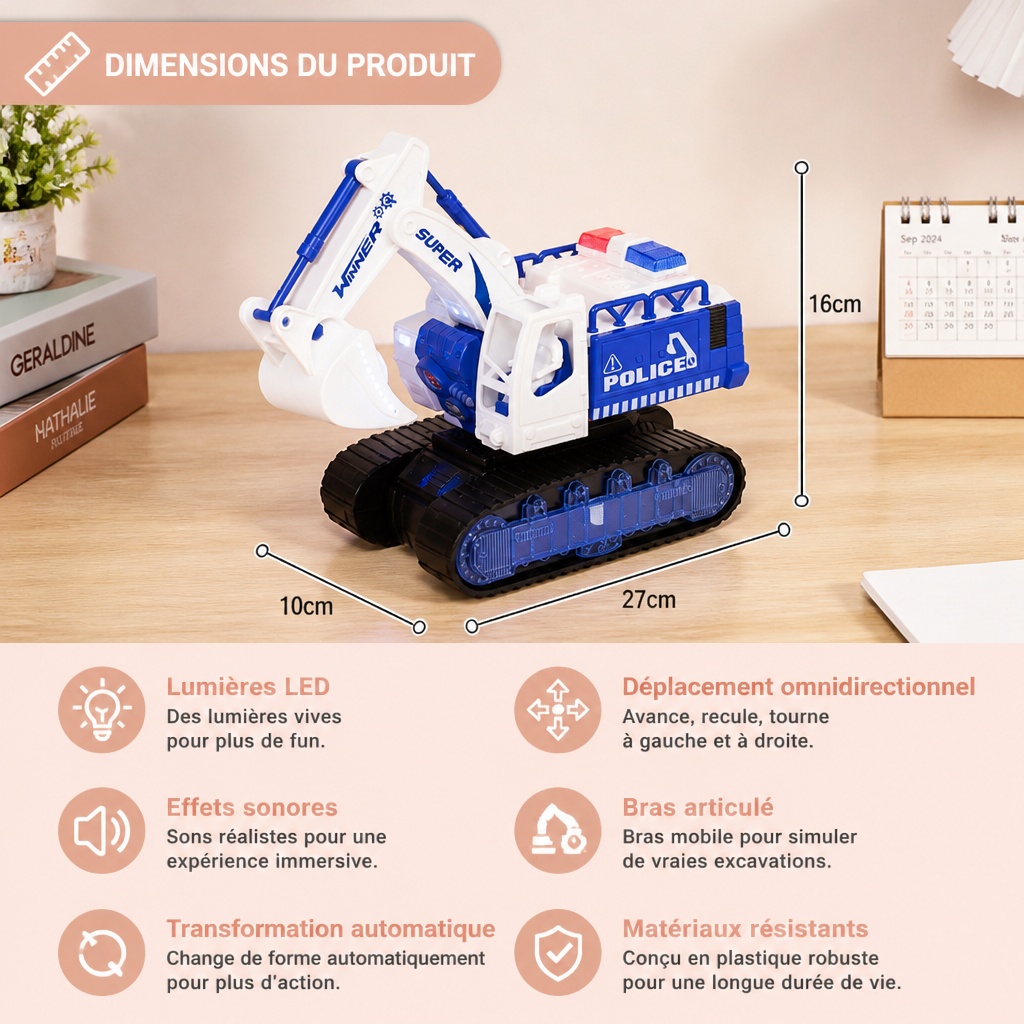 Excavatrice Robot de Police Transformable avec Lumières et Sons
