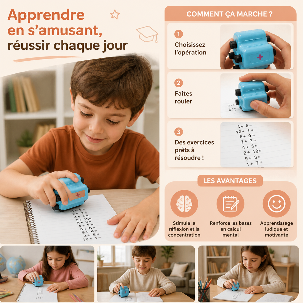 Tampon Rouleau de Mathématiques 4-en-1 – Exercices d’Addition, de Soustraction, de Multiplication et de Division