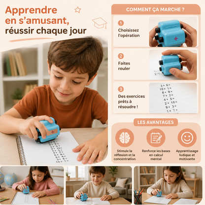 Tampon Rouleau de Mathématiques 4-en-1 – Exercices d’Addition, de Soustraction, de Multiplication et de Division