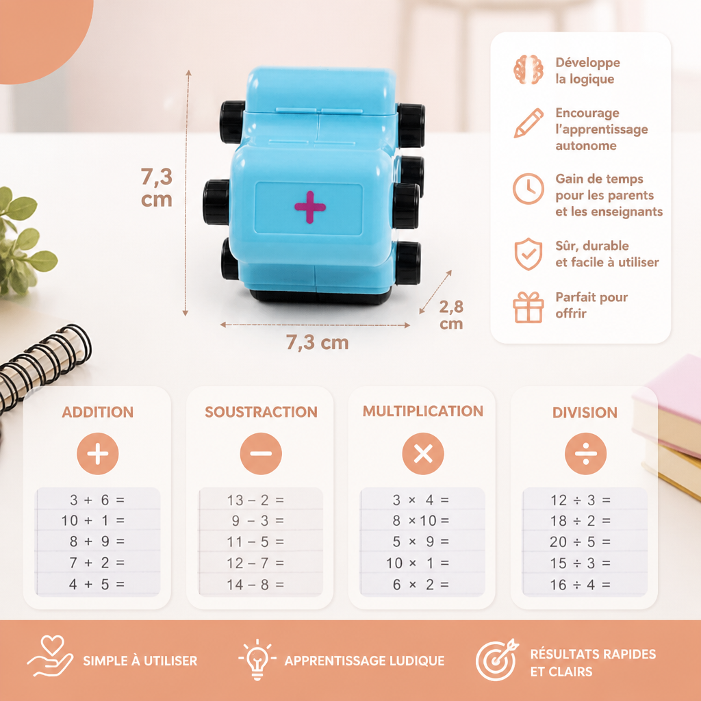 Tampon Rouleau de Mathématiques 4-en-1 – Exercices d’Addition, de Soustraction, de Multiplication et de Division