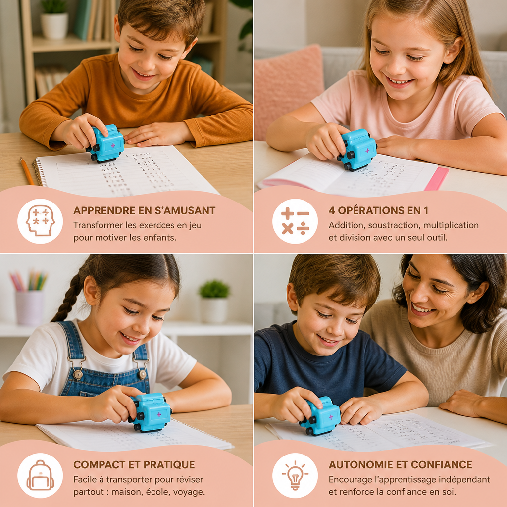 Tampon Rouleau de Mathématiques 4-en-1 – Exercices d’Addition, de Soustraction, de Multiplication et de Division