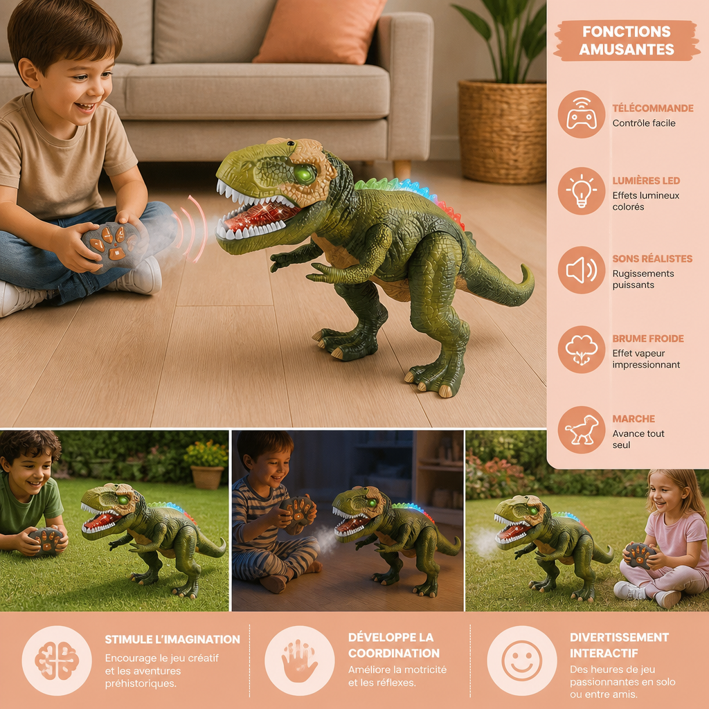 Dinosaure T-Rex Marcheur Télécommandé – Dinosaure RC avec Brume, Lumières et Sons