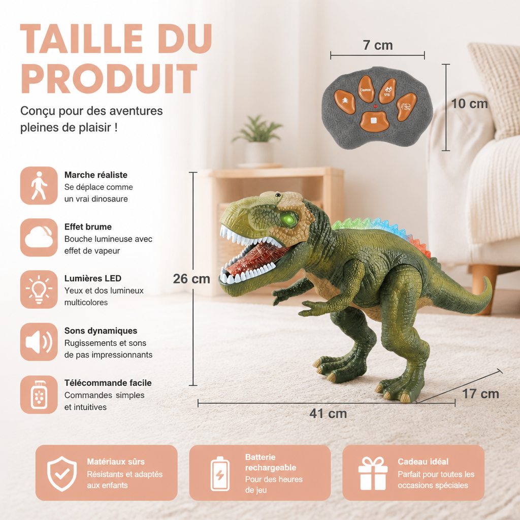 Dinosaure T-Rex Marcheur Télécommandé – Dinosaure RC avec Brume, Lumières et Sons