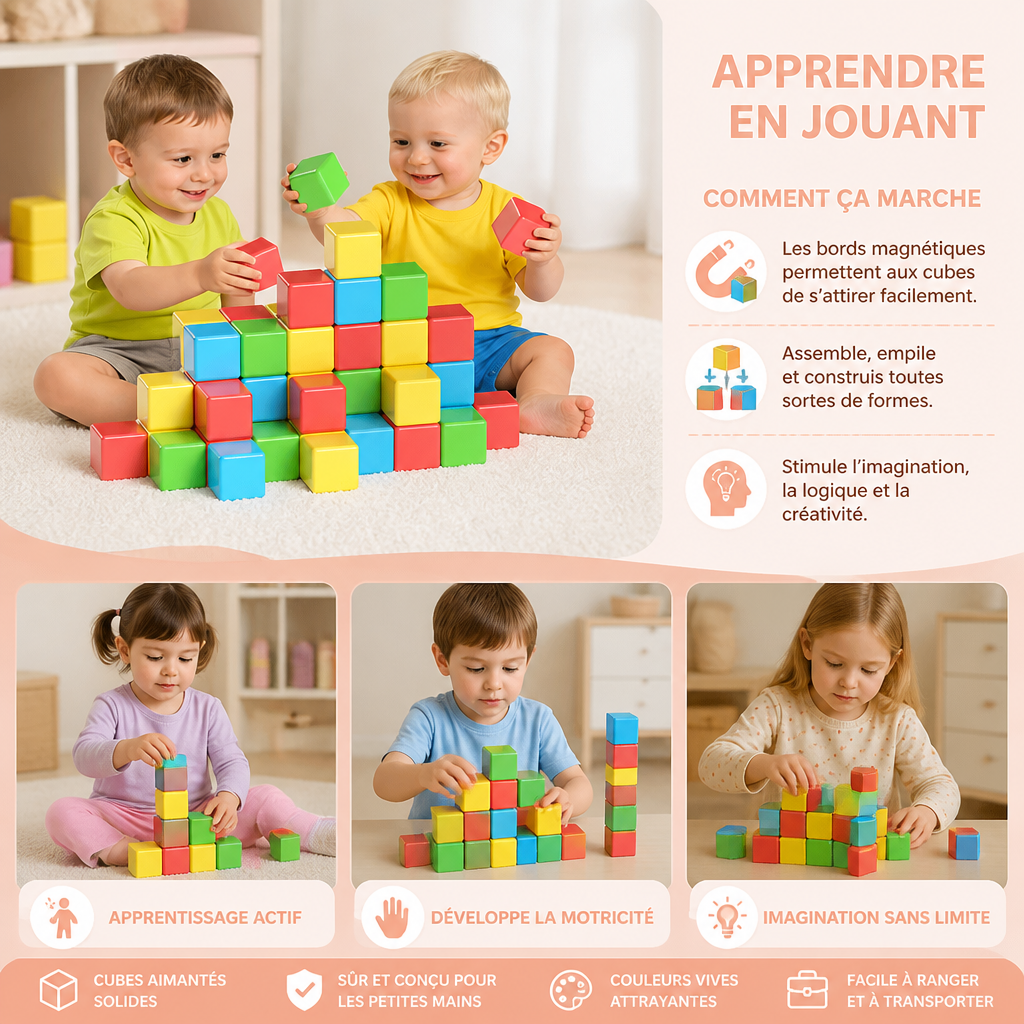 Cubes Magnétiques de Construction de 4,2 cm pour Tout-Petits – Blocs STEM Éducatifs