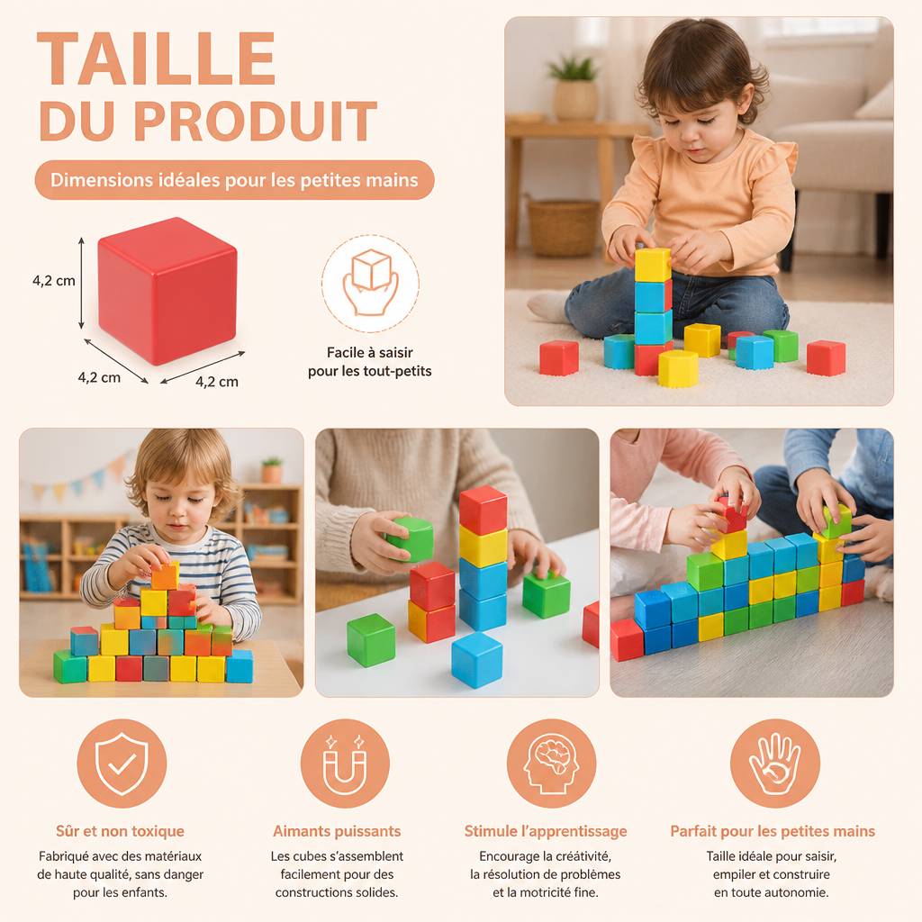 Cubes Magnétiques de Construction de 4,2 cm pour Tout-Petits – Blocs STEM Éducatifs