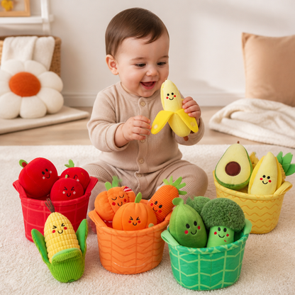 Jouet Éducatif Doux en Forme de Fruits et Légumes pour Bébés – Set de 4 Pièces pour Apprendre les Couleurs avec Hochet et Effet Bruissant