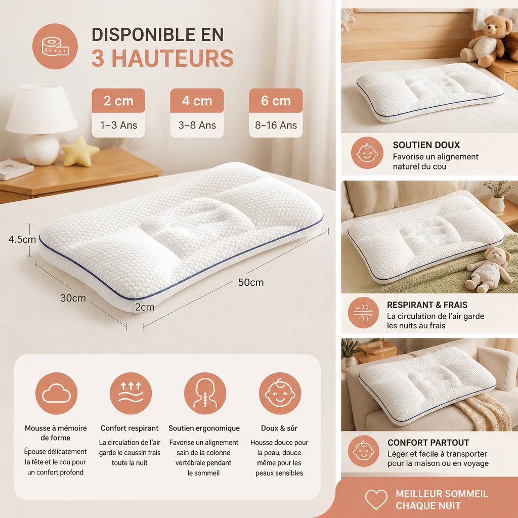 Oreiller Ergonomique pour Enfants en Mousse à Mémoire de Forme avec Soutien du Cou