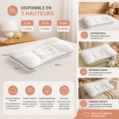Oreiller Ergonomique pour Enfants en Mousse à Mémoire de Forme avec Soutien du Cou