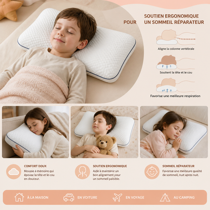 Oreiller Ergonomique pour Enfants en Mousse à Mémoire de Forme avec Soutien du Cou
