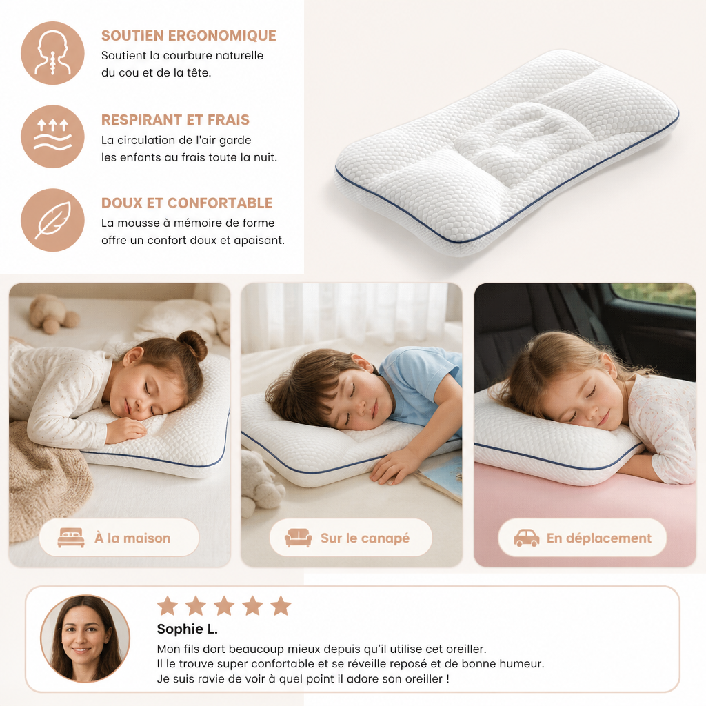 Oreiller Ergonomique pour Enfants en Mousse à Mémoire de Forme avec Soutien du Cou