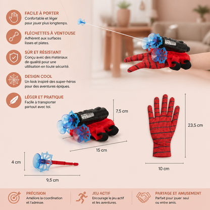 Set de Gants Lance-Toile de Super-Héros – Lanceur à Ficelle au Poignet avec Fléchettes à Ventouse