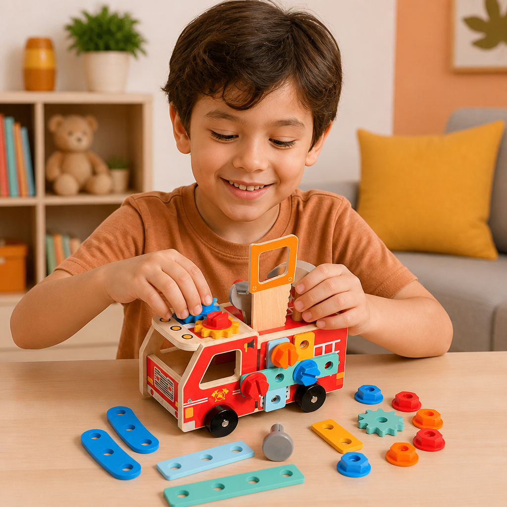 Boîte à Outils de Pompier Montessori en Bois et Set de Construction