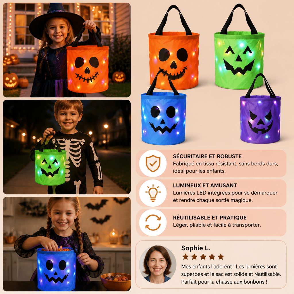 Seau À Bonbons LED D’Halloween Pour Le Trick-or-Treat – Sac Lumineux Réutilisable