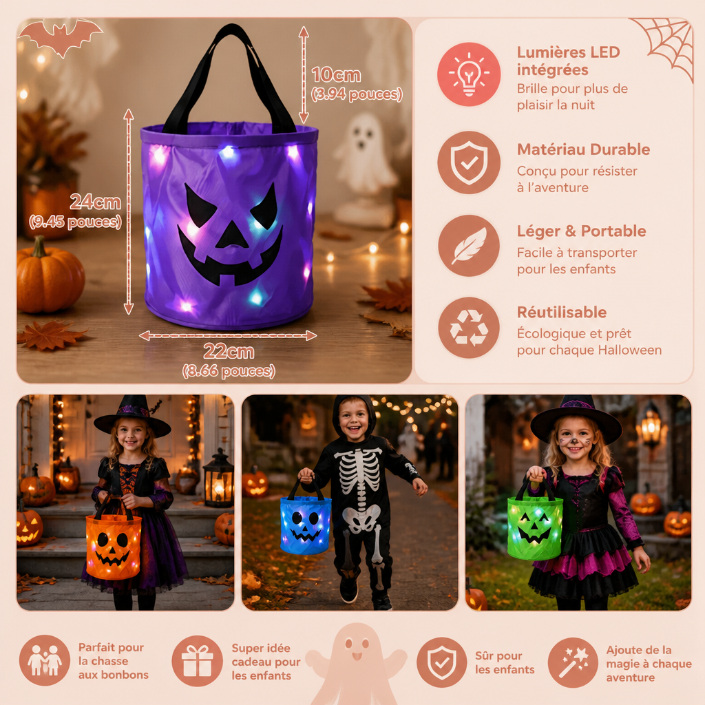 Seau À Bonbons LED D’Halloween Pour Le Trick-or-Treat – Sac Lumineux Réutilisable