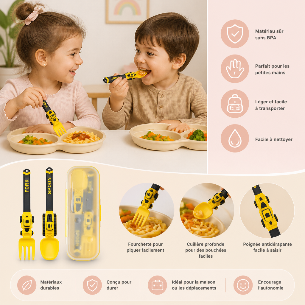 Set de Couverts pour Enfants 3 Pièces avec Design de Véhicules de Chantier, Cuillère, Fourchette et Étui de Voyage