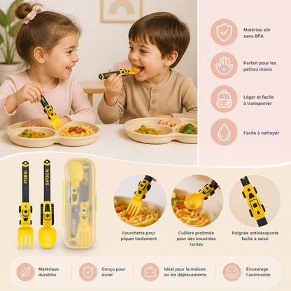 Set de Couverts pour Enfants 3 Pièces avec Design de Véhicules de Chantier, Cuillère, Fourchette et Étui de Voyage