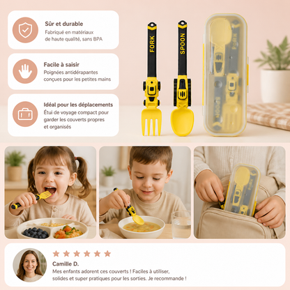 Set de Couverts pour Enfants 3 Pièces avec Design de Véhicules de Chantier, Cuillère, Fourchette et Étui de Voyage
