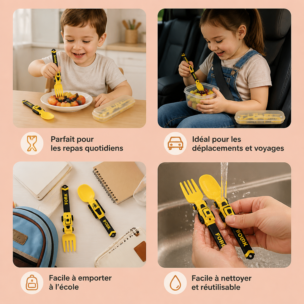 Set de Couverts pour Enfants 3 Pièces avec Design de Véhicules de Chantier, Cuillère, Fourchette et Étui de Voyage