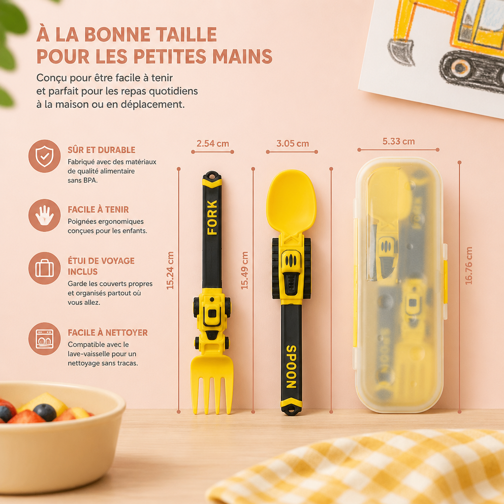Set de Couverts pour Enfants 3 Pièces avec Design de Véhicules de Chantier, Cuillère, Fourchette et Étui de Voyage