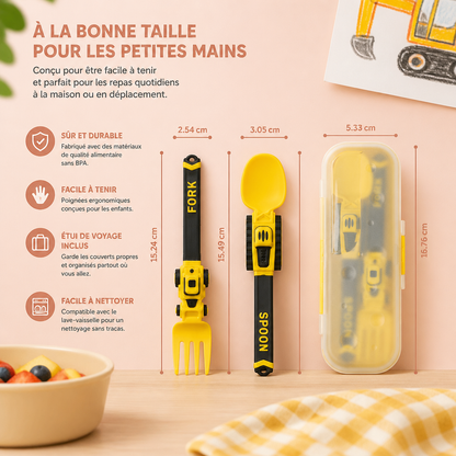 Set de Couverts pour Enfants 3 Pièces avec Design de Véhicules de Chantier, Cuillère, Fourchette et Étui de Voyage