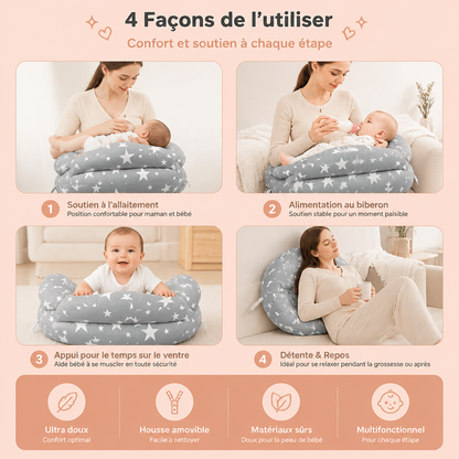 Coussin d’Allaitement Multifonctionnel pour l’Allaitement au Sein et au Biberon avec Housse Amovible