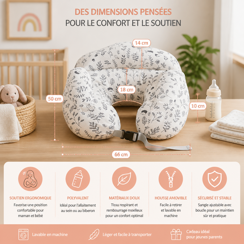 Coussin d’Allaitement Multifonctionnel pour l’Allaitement au Sein et au Biberon avec Housse Amovible