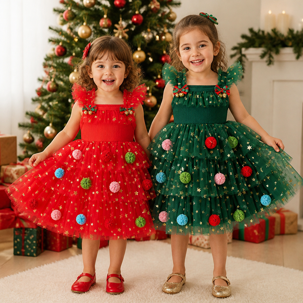 Robe Tutu de Noël pour Fille avec Pompons, Étoiles à Paillettes et Manches à Volants