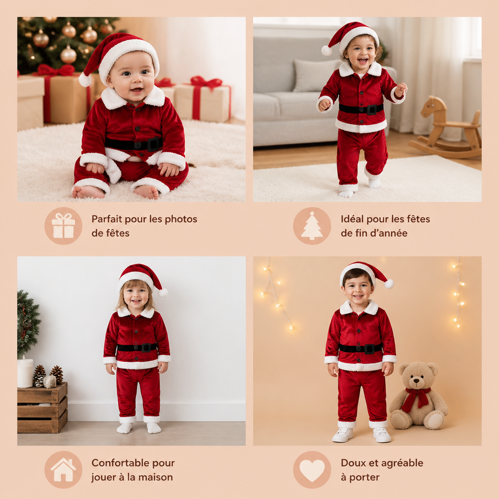 Ensemble de Costume de Père Noël pour Bébés et Tout-Petits