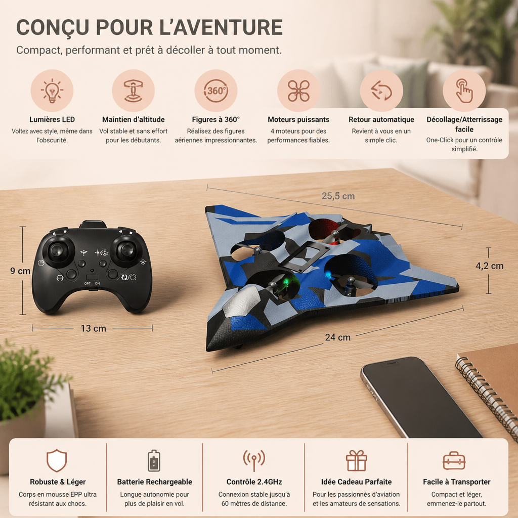 Avion de Combat RC Robuste en Mousse avec Maintien de l’Altitude et Figures Acrobatique à 360°