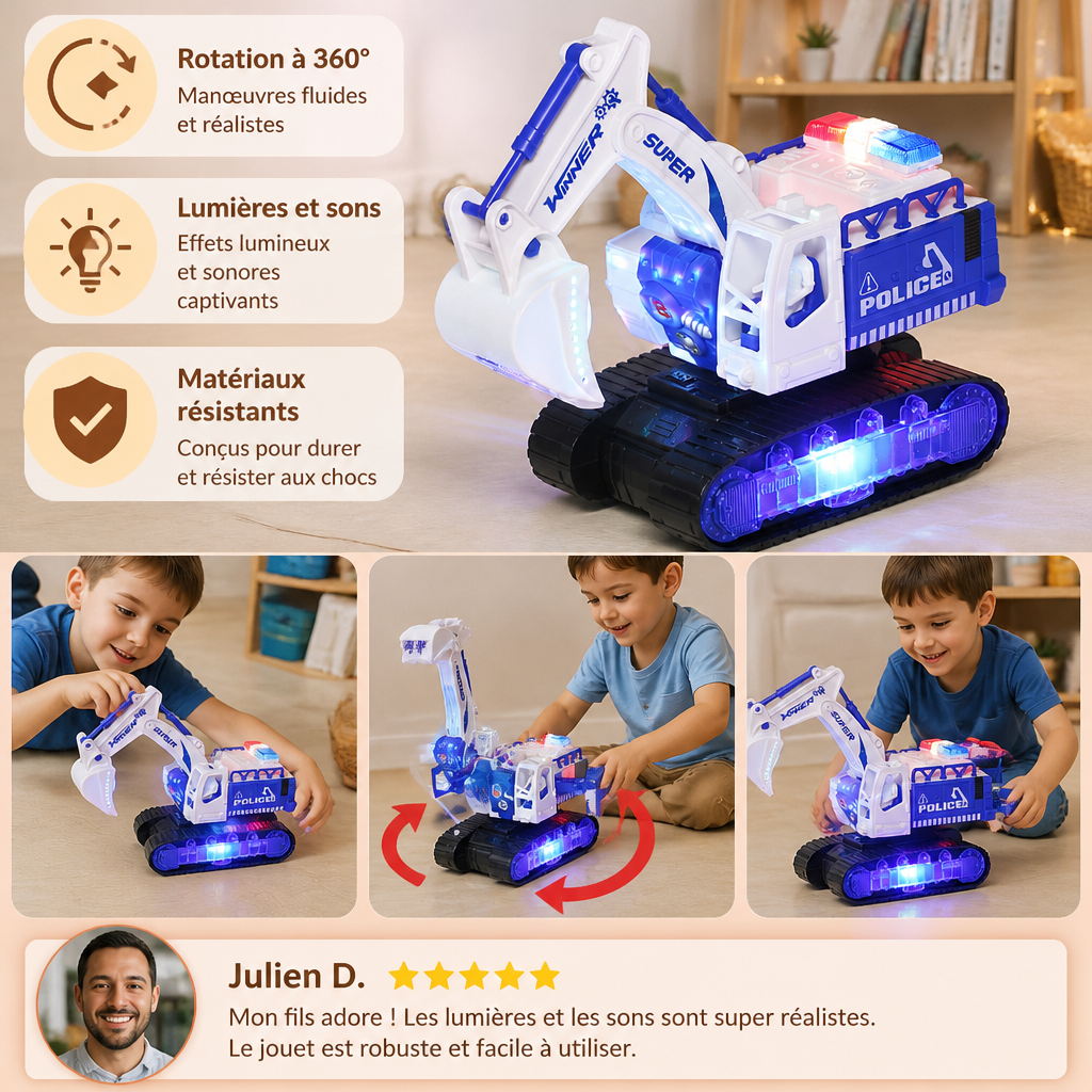 Excavatrice Robot de Police Transformable avec Lumières et Sons