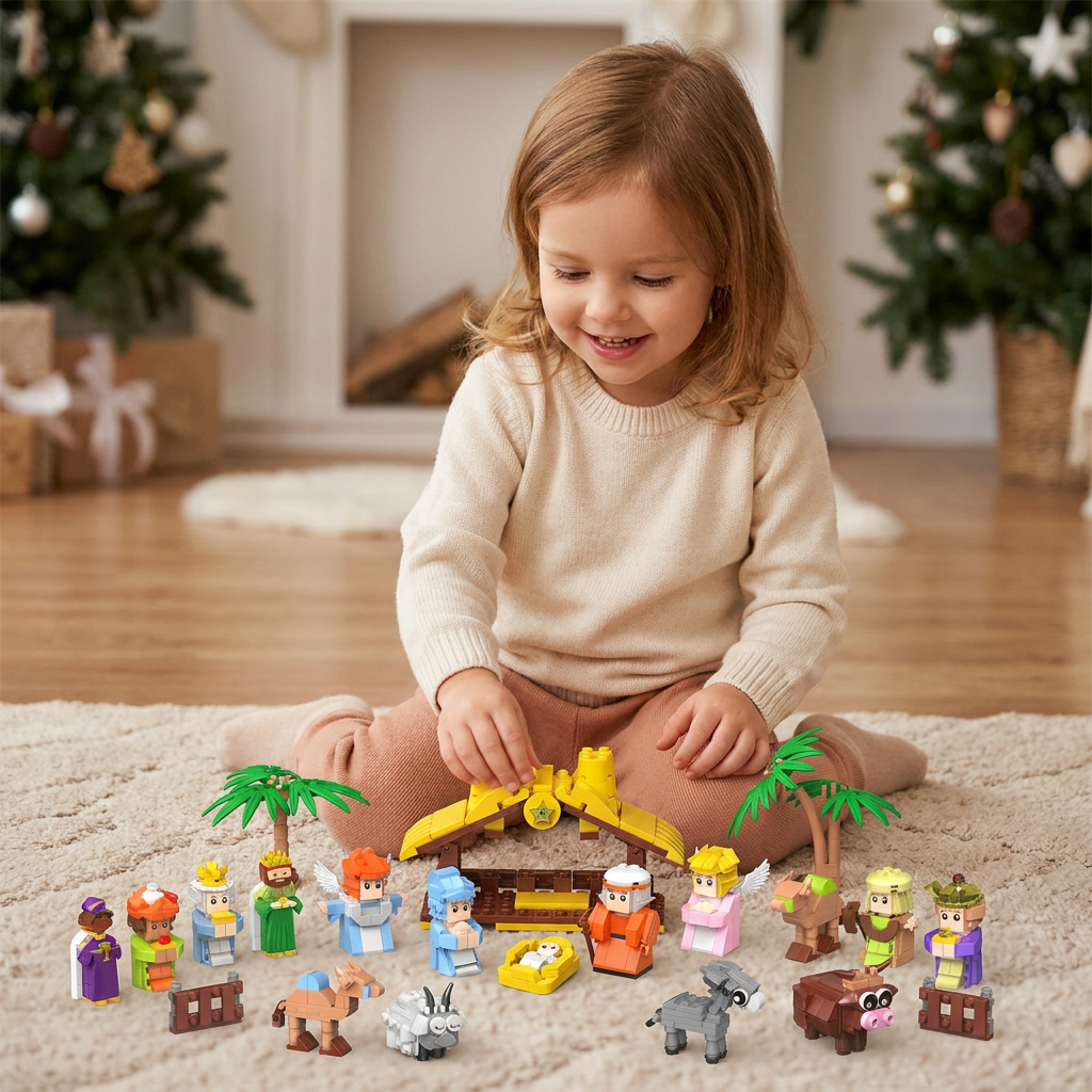 Calendrier de l’Avent avec blocs de construction de crèche de Noël pour enfants