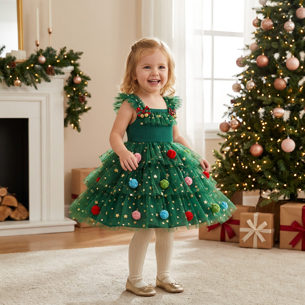 Robe Tutu de Noël pour Fille avec Pompons, Étoiles à Paillettes et Manches à Volants
