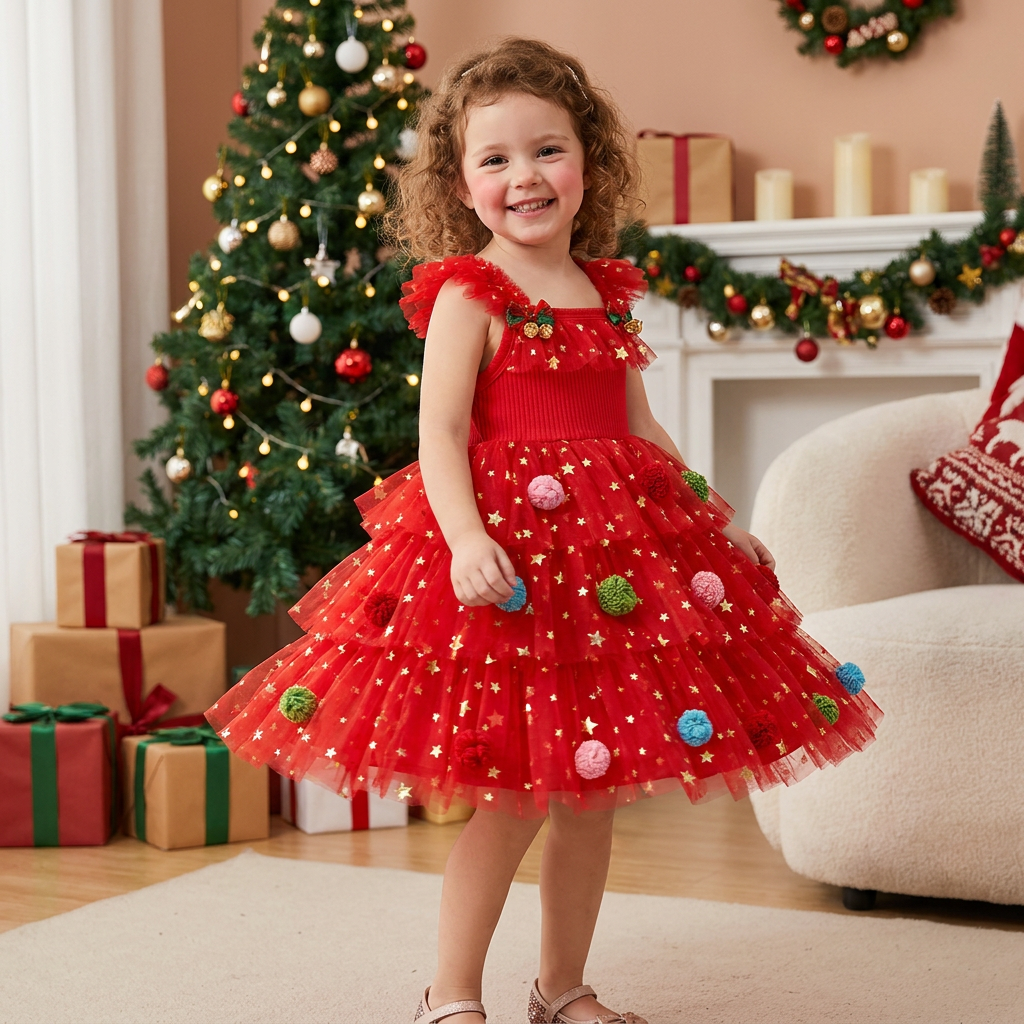 Robe Tutu de Noël pour Fille avec Pompons, Étoiles à Paillettes et Manches à Volants