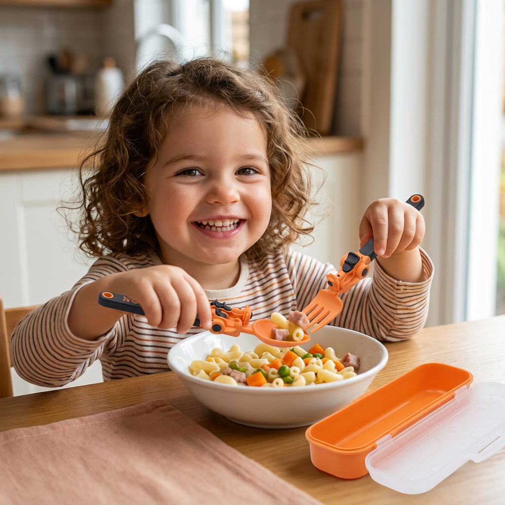 Set de Couverts pour Enfants 3 Pièces avec Design de Véhicules de Chantier, Cuillère, Fourchette et Étui de Voyage