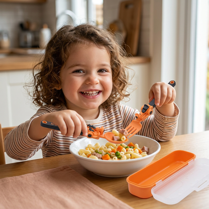 Set de Couverts pour Enfants 3 Pièces avec Design de Véhicules de Chantier, Cuillère, Fourchette et Étui de Voyage