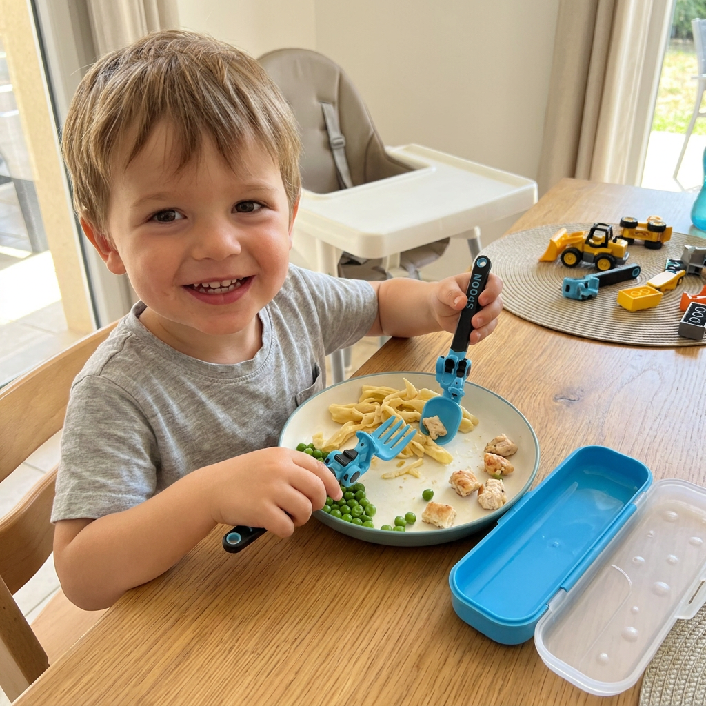 Set de Couverts pour Enfants 3 Pièces avec Design de Véhicules de Chantier, Cuillère, Fourchette et Étui de Voyage